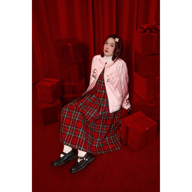 花束刺繍の格子柄ジャンパースカート