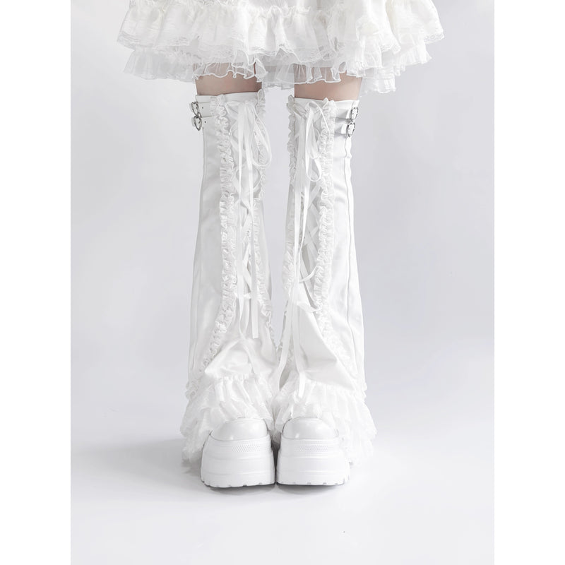 White Frill Lace-up Leg Warmers