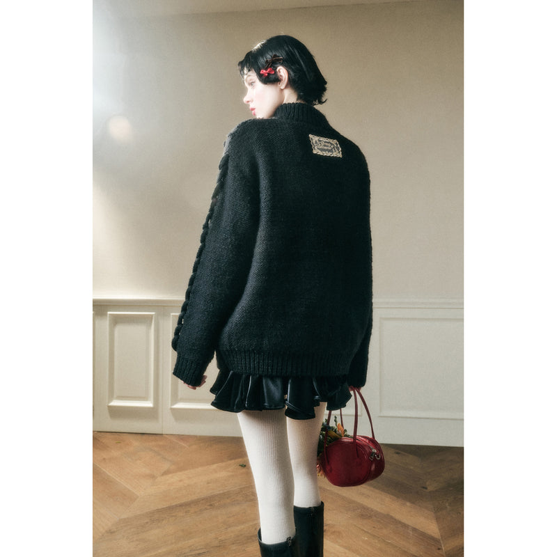 Hand-Knitted Cable Pattern Wool Knit Jacket