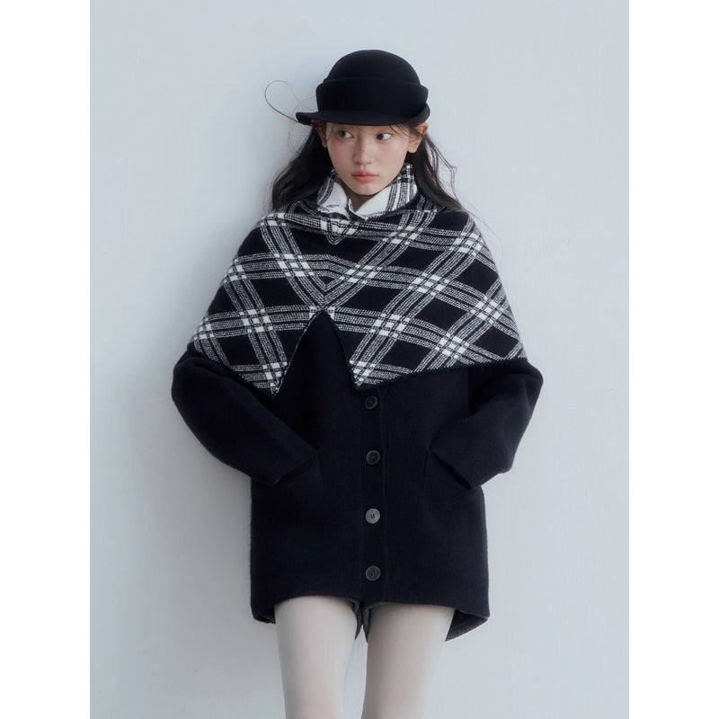 Checkered Cape and Black Knit Cardigan