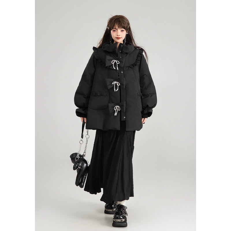 黒のお嬢様のリボンダウンジャケット