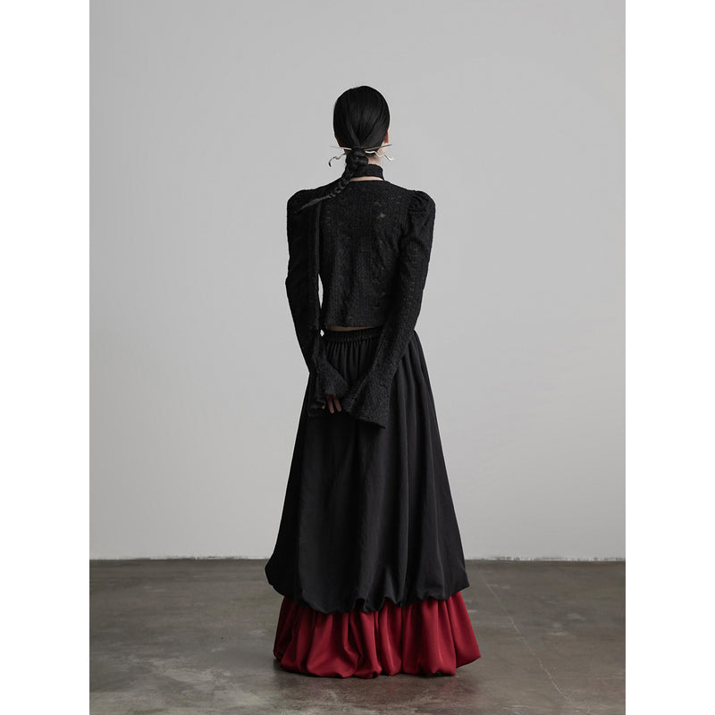 Black and Red Bicolor Layered Long Skirt