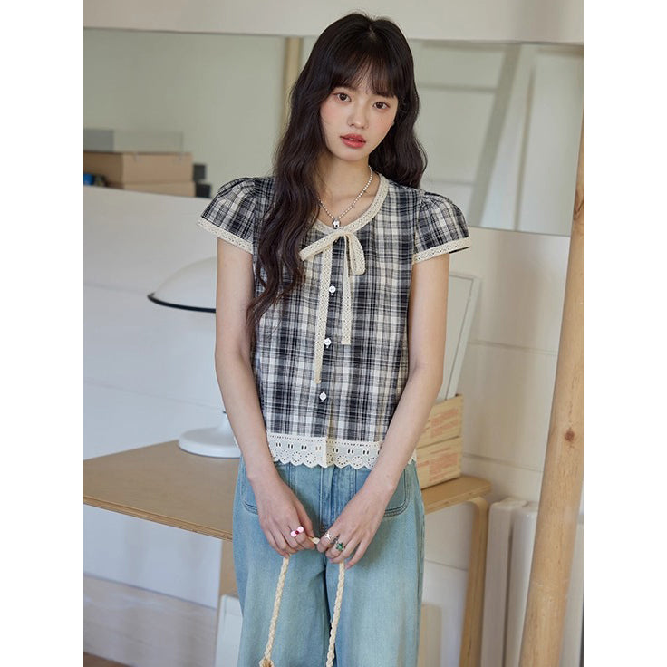 Black and White Checkered Lace Blouse