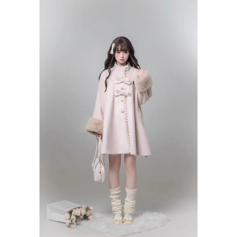 桜色のお嬢様のリボンファーウールコート