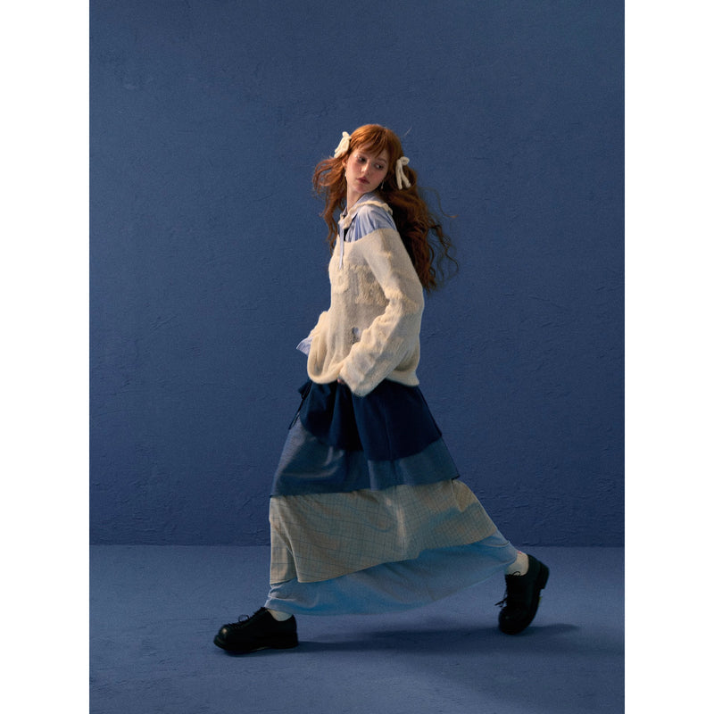 Color Block Check Long Skirt - Navy Beige