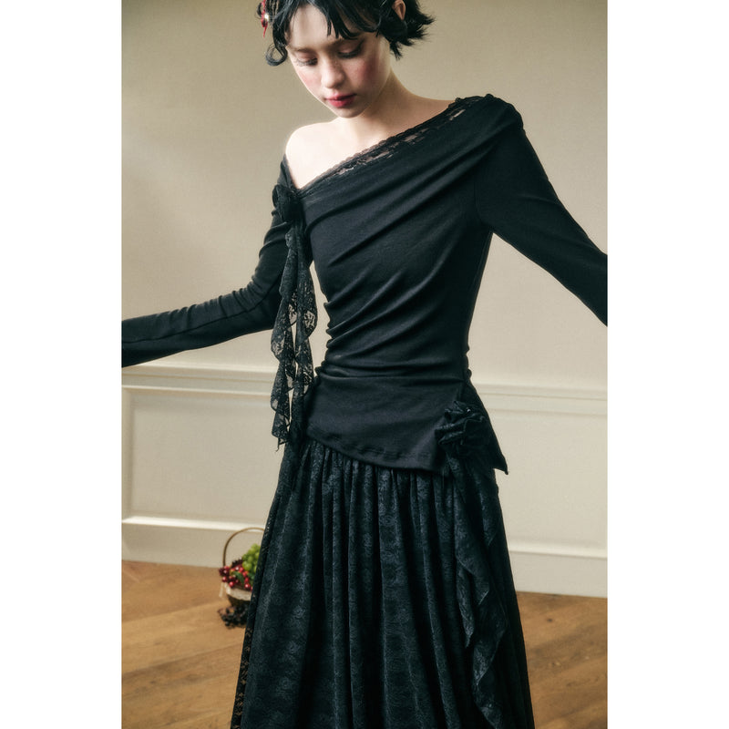 Rose Patterned Lace Top and Long Skirt - Black