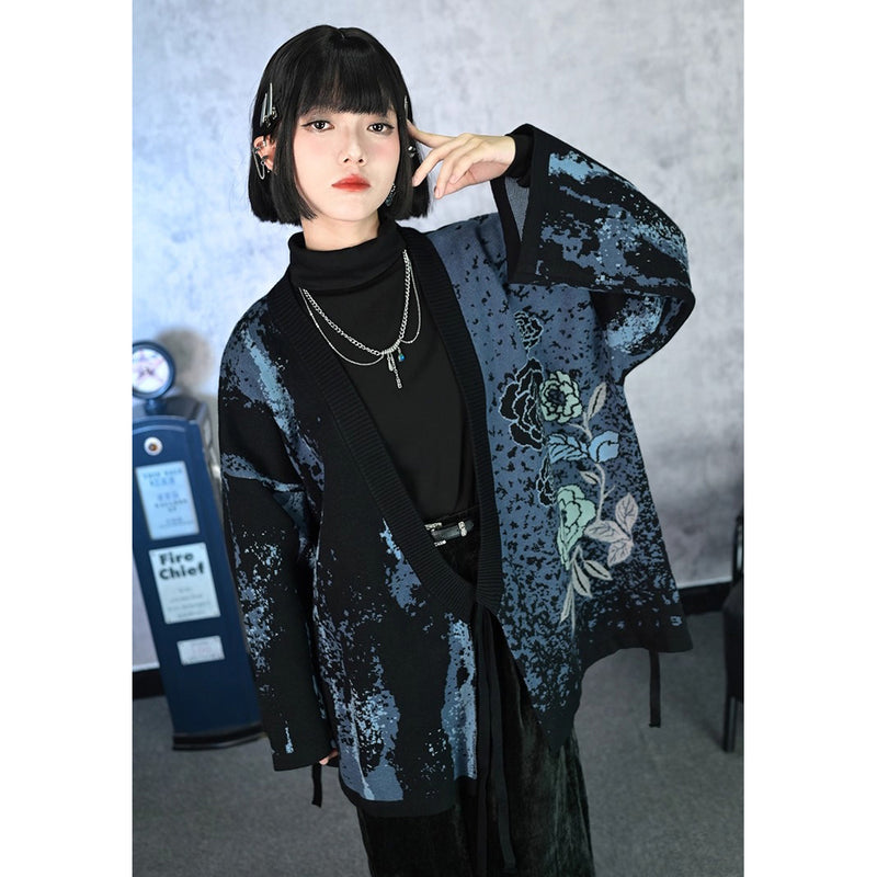 椿の花の刺繍アシンメトリーカーディガン