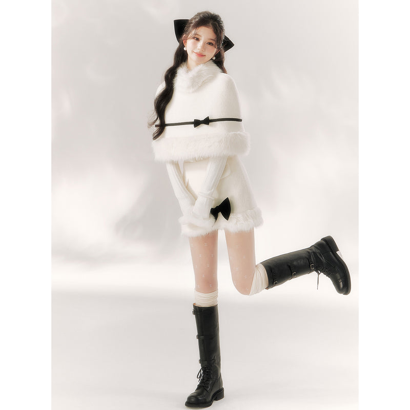 Pure White Ribbon Fur Cape and Skirt