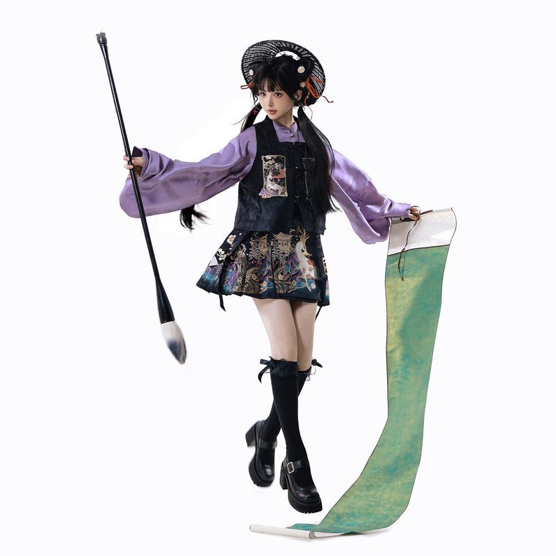 神話の鹿の刺繍プリーツスカートとトップスとベスト