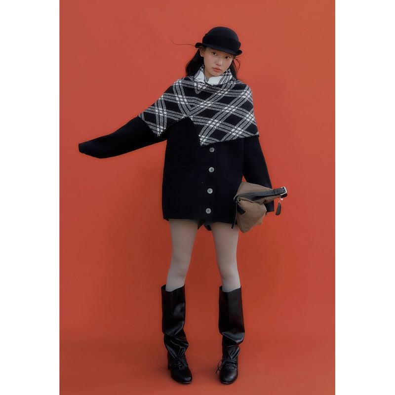 Checkered Cape and Black Knit Cardigan