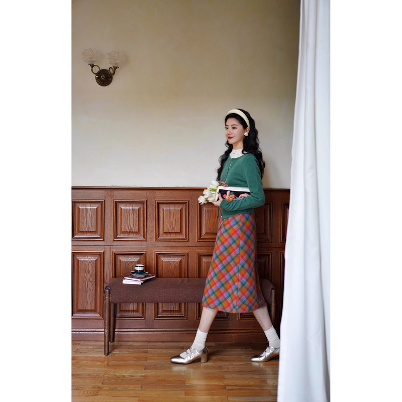 木漏れ日の格子柄ウールハーフスカート