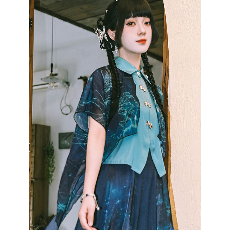 深藍の海月のシフォンブラウス