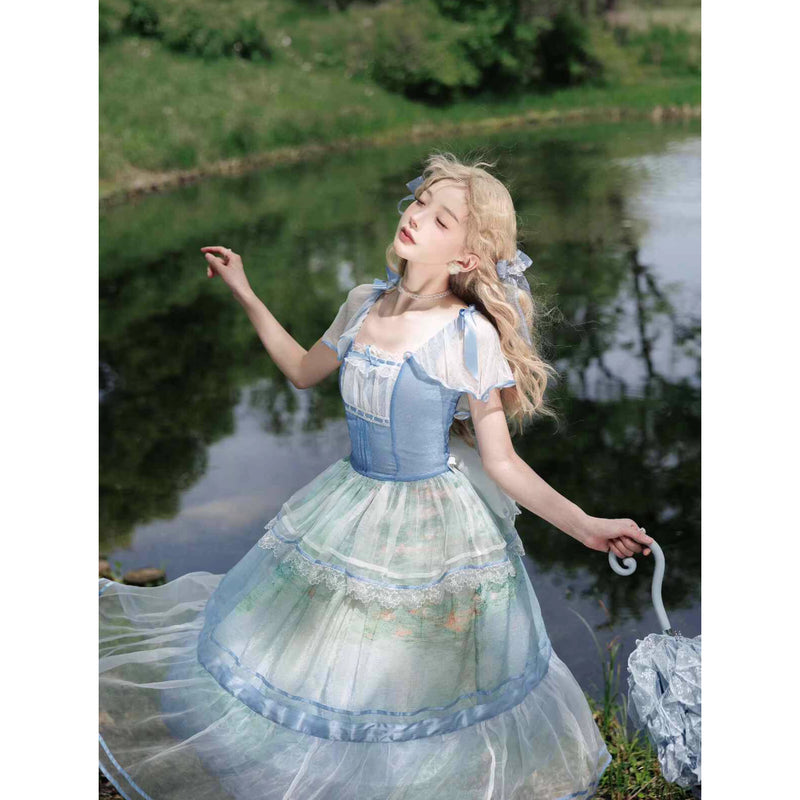 睡蓮の池の油彩画コルセットワンピース
