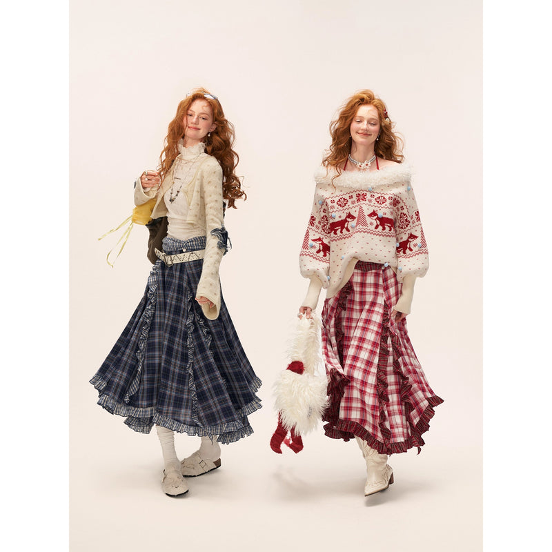 Asymmetrical Ruffled Checkered Skirt