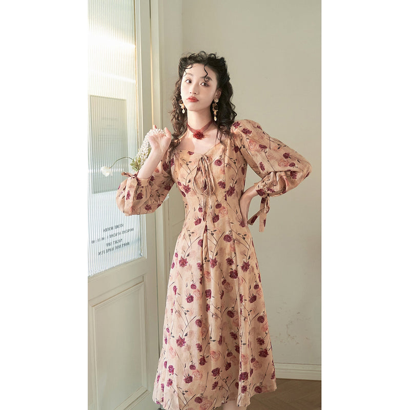 French Retro Rose Flower Dress