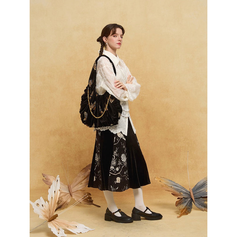 金色の蝶の刺繍ベルベットトートバッグ