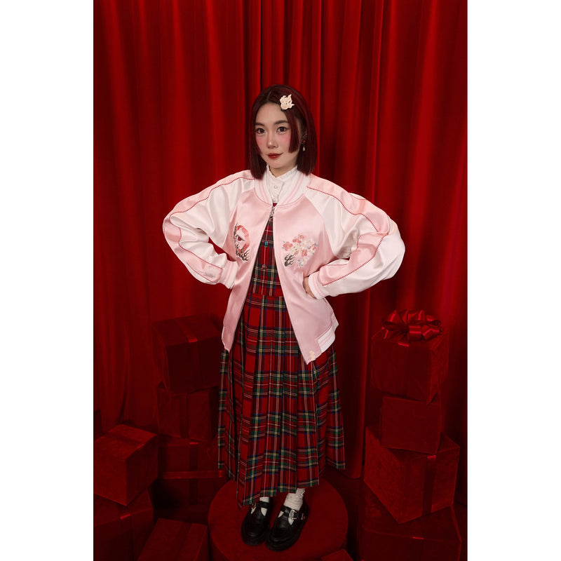 花束刺繍の格子柄ジャンパースカート