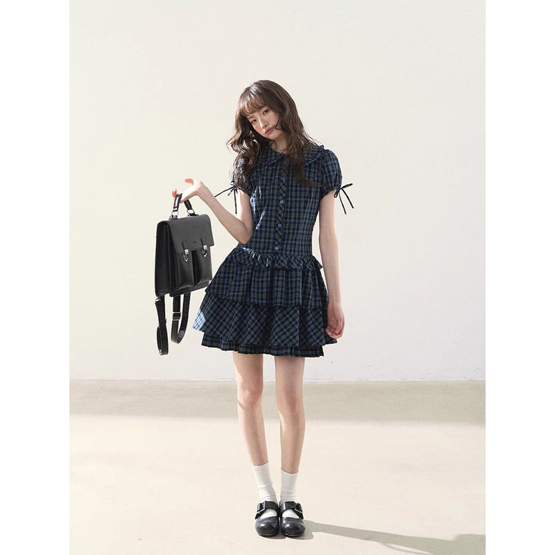 Blue and Green Checkered Tiered Dress