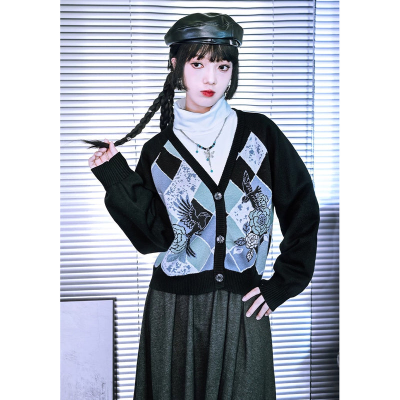 椿の花と鶯の挿絵カーディガンとニットスカート