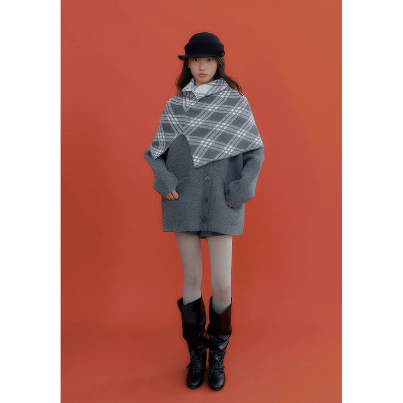 Checkered Cape and Grey Knit Cardigan
