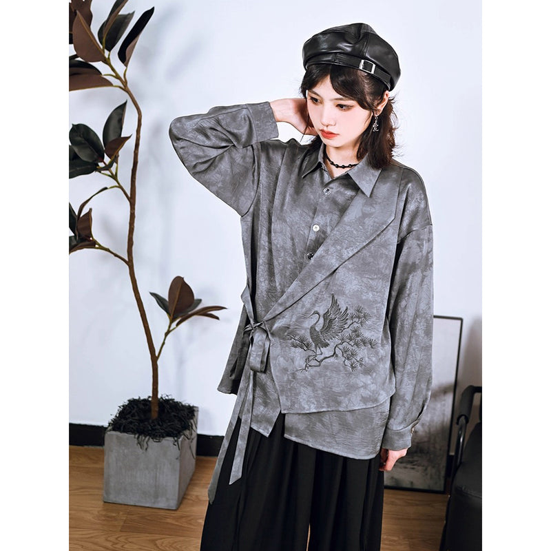 梢に留まる鶴の刺繍ブラウス - Gray
