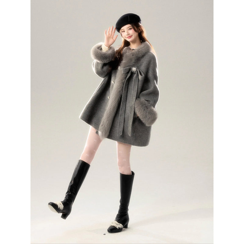 Romantic Ribbon Fur Wool Coat