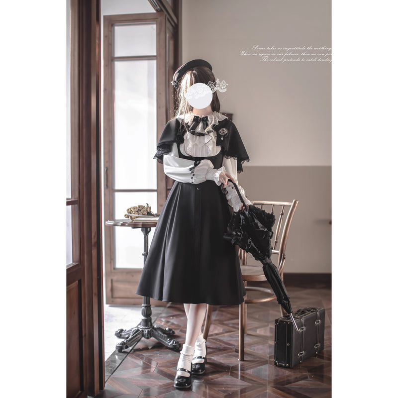 英国令嬢のクラシカルドッキングワンピースとケープ - Black