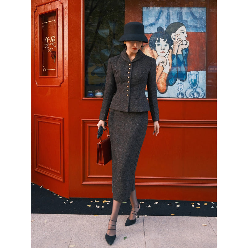 銀幕の貴婦人のツイードジャケットとペンシルスカート - Dark Black