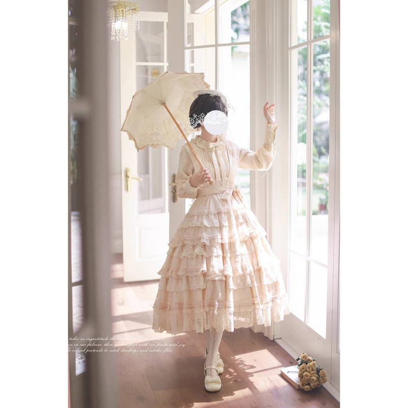 奏鳴曲を奏でる刺繍ティアードジャンパースカートとフリルリボンブラウス