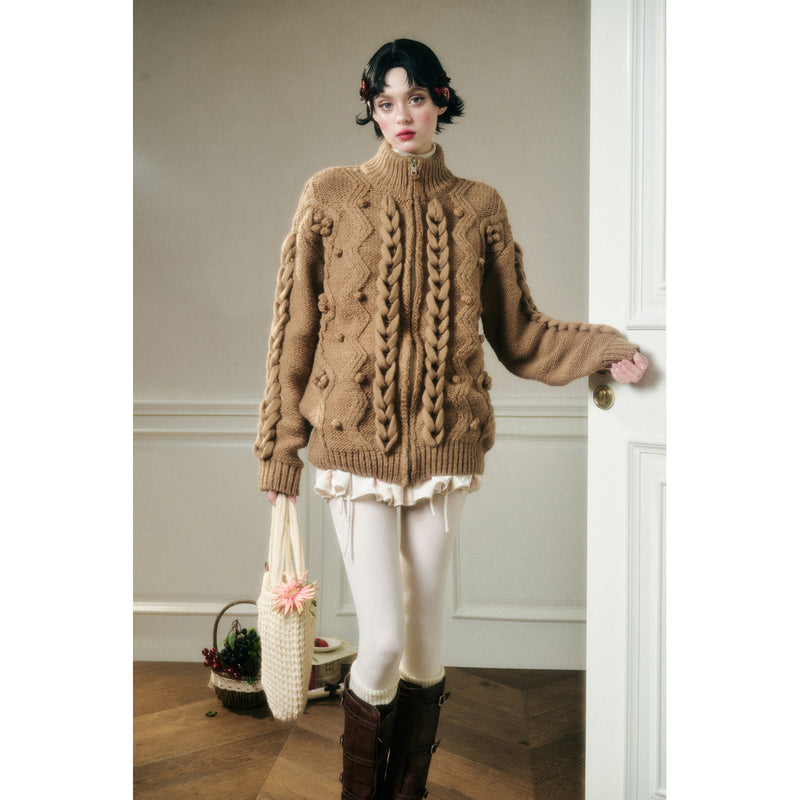 Hand-Knitted Cable Pattern Wool Knit Jacket