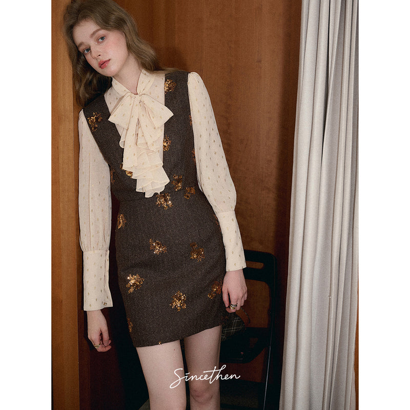 Brown Sequins Embroidered Jumper Skirt