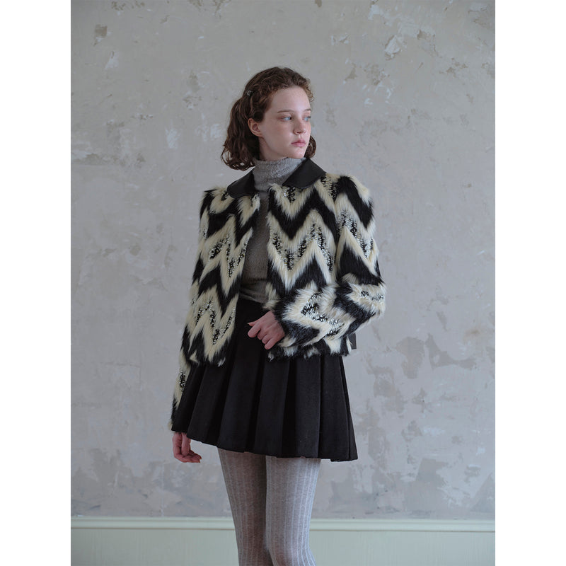 Geometric Pattern and Leather Fur Jacket