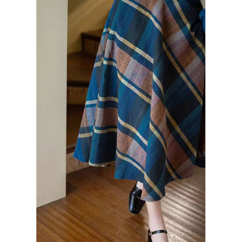 Blue-Brown Checkered Retro Skirt and Blue Knit Sweater