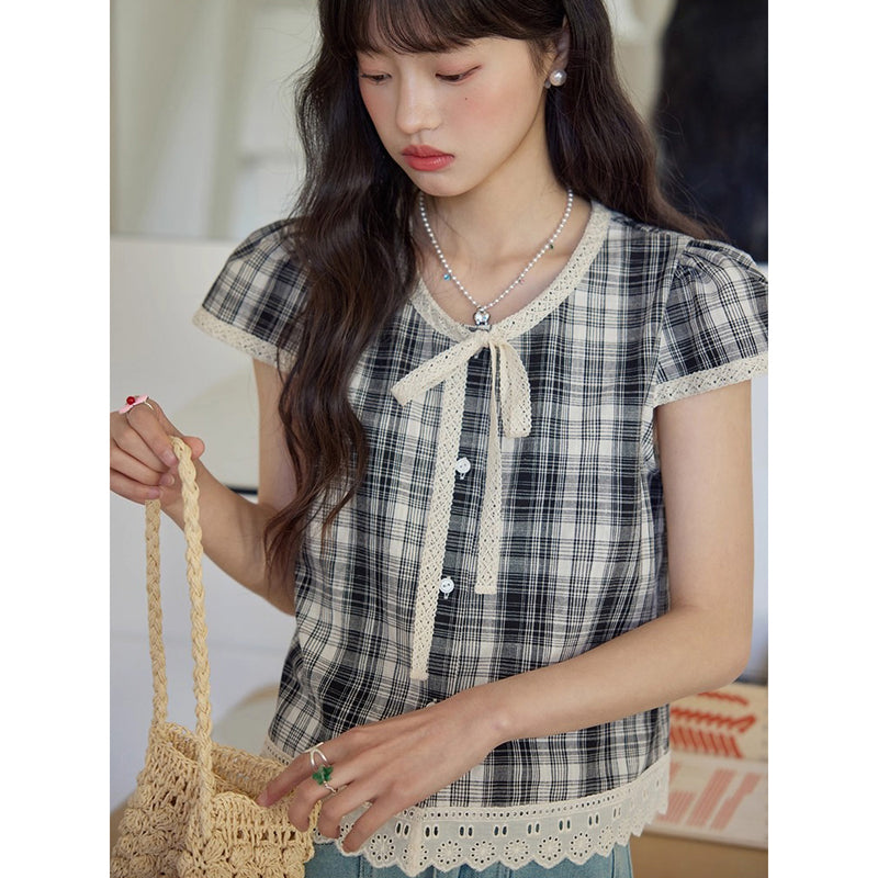 Black and White Checkered Lace Blouse