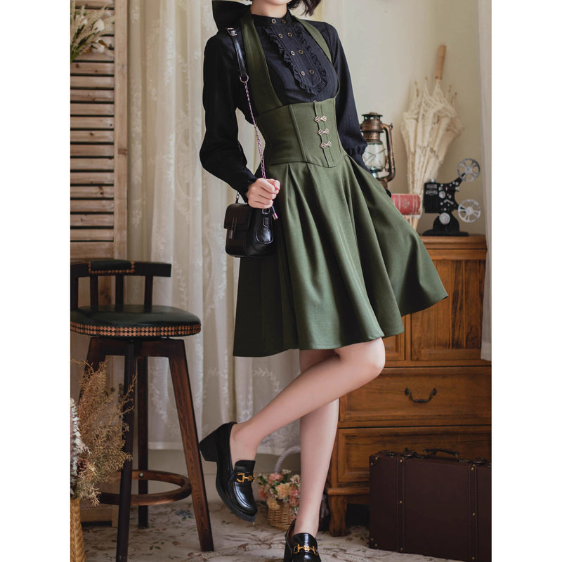 英国のお嬢様のスタンドカラーブラウス - Black