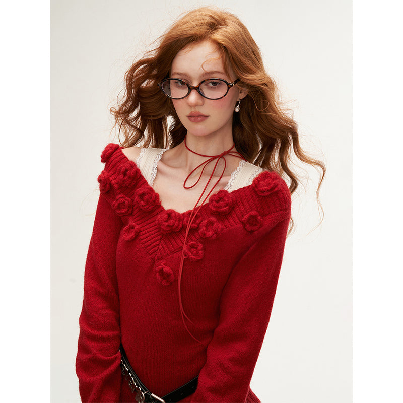 Knitted Slim Sweater with Rose