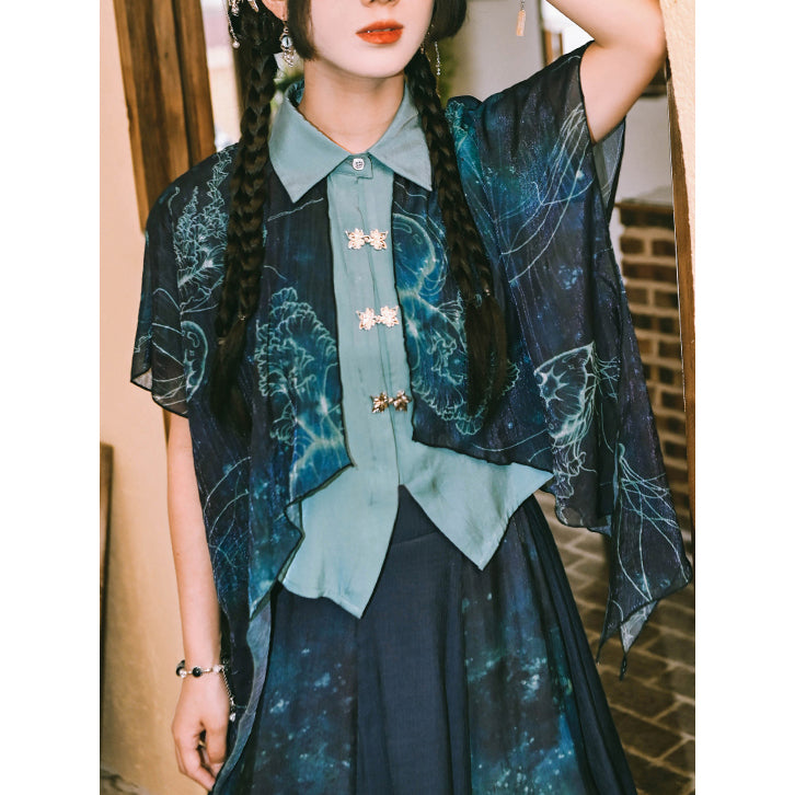 深藍の海月のシフォンブラウス
