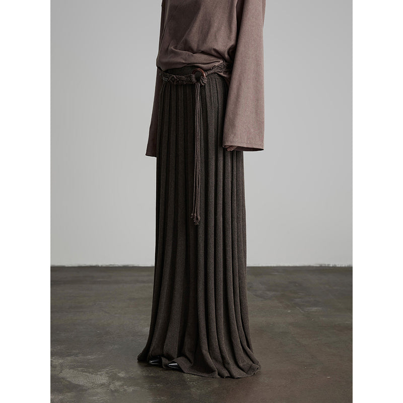 Brown Long Pleated Knit Skirt