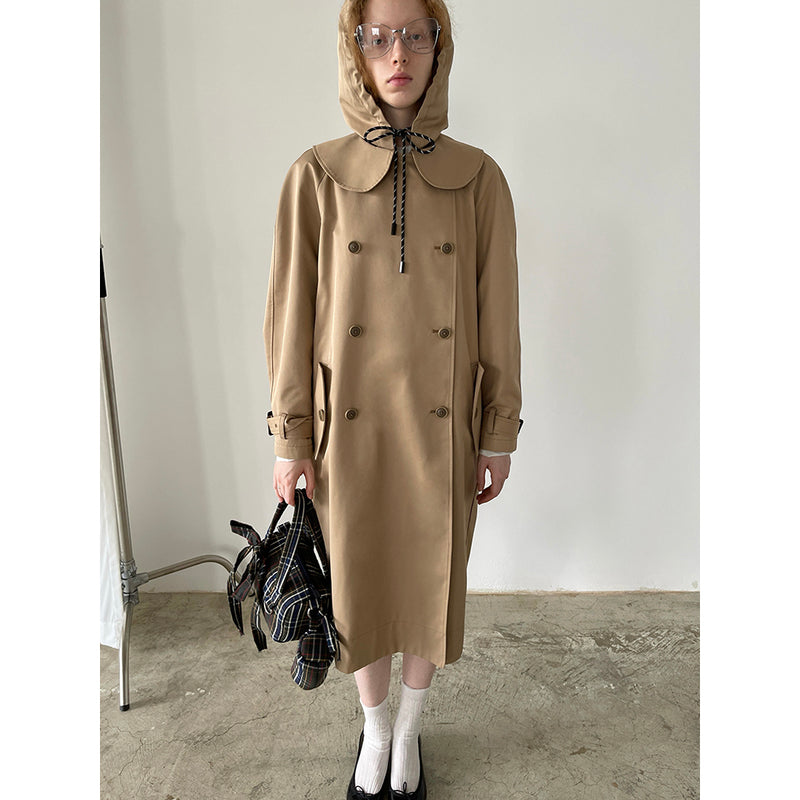 Khaki Doll Collar Detachable Hooded Trench Coat