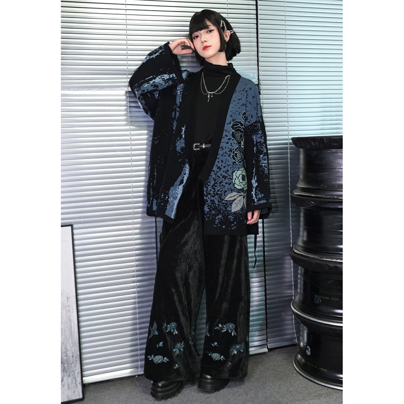 椿の花と鶯の刺繍ワイドパンツ