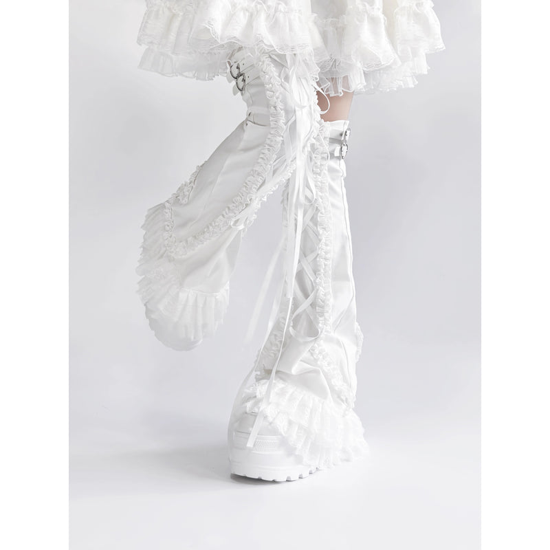 White Frill Lace-up Leg Warmers
