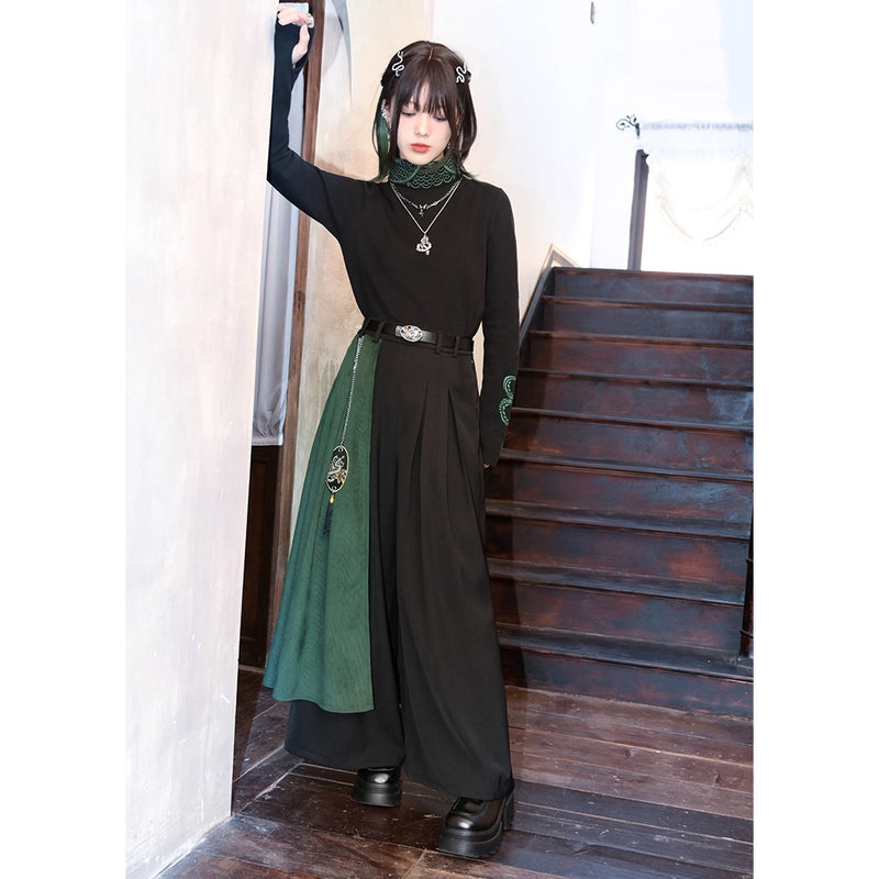 黒緑の蛇刺繍ドレープワイドパンツ