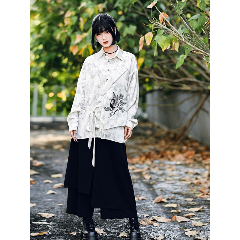 梢に留まる鶴の刺繍ブラウス - Ivory