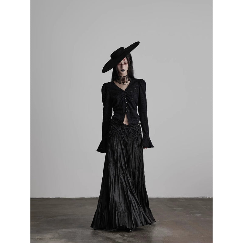 Black Embroidered Pleated Long Skirt