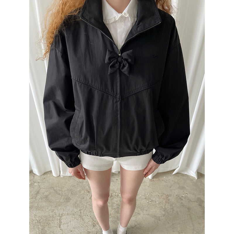 Black Washed Cotton Bow Zip Jacket