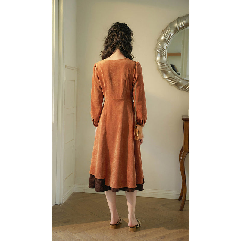 Orange Brown Corduroy Retro Dress