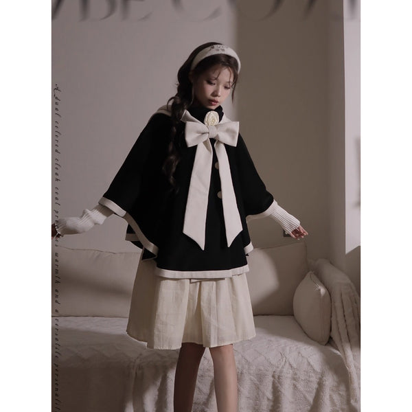 物語のお嬢様のケープコートとリボンフード - Black[2025年12月上旬-2026年1月上旬発送予定]