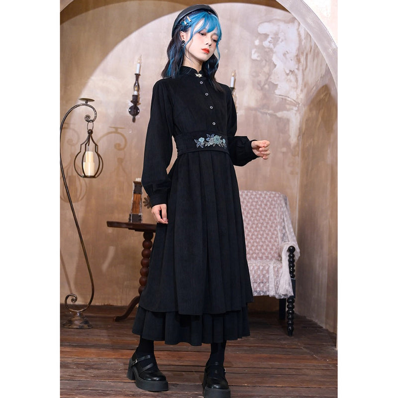 椿の花と鶯の刺繍コルセットワンピース