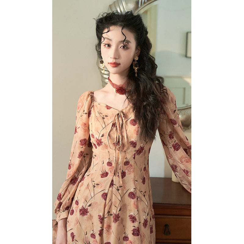 French Retro Rose Flower Dress