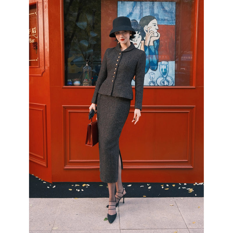 銀幕の貴婦人のツイードジャケットとペンシルスカート - Dark Black